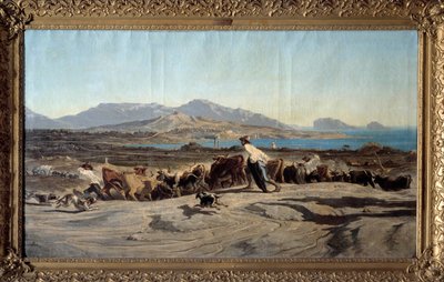 Zicht op Marseille vanaf de Aygalades, een dagwandeling. Op de voorgrond jonge herders met de kudde. 1853 door Emile Loubon