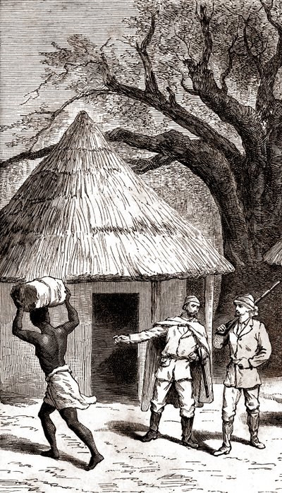Ontdekkingsreizigers en dragers voor een Afrikaanse hut,1887 (ets) door Emile Mas