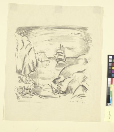 Een baai met zeilschip en badende vrouwen door Emile Othon Friesz