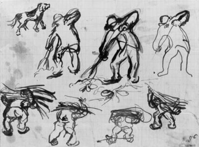 Zeven schetsen van gravende en houtdragende mannen en een schets van een hond door Emile Othon Friesz