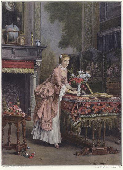 Een vrouw die een vaas met bloemen op een tafel plaatst door Emile Pierre Metzmacher