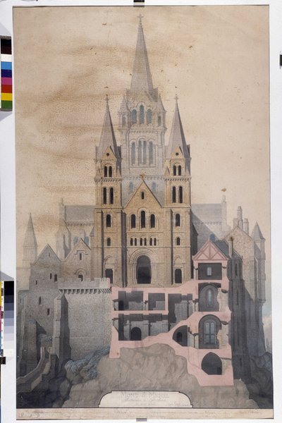 Gotische architectuur: gevel van de kerk en doorsnede van abdijhuizen. Tekening van het Gemeentemuseum van Avranches (Manche) door Emile Sagot