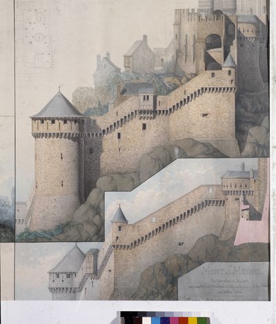 Uitzicht op de machicoulis tussen de Noordtoren en de Claudinetoren van Mont Saint Michel door Emile Sagot