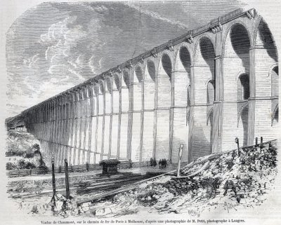 Chaumont Viaduct op de spoorlijn van Parijs naar Mulhouse. Gravure naar schets van Ralph in 