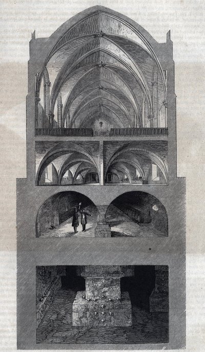 Doorsnede van het Napoleon-lyceum in Parijs (tegenwoordig Lycée Henri IV). Van boven naar beneden: de refter, de keuken, de kelders, de catacomben. Gravure door Therond. In 