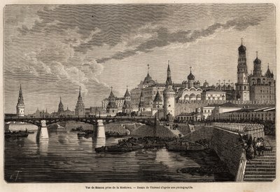 Algemeen overzicht van Moskou, genomen vanaf de Moskowa. Illustratie van de reis van Shanghai naar Moskou, van 1859 tot 1862, van M. de Bourboulon, minister van Frankrijk in China. Gravure in 