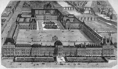 Algemeen uitzicht op het Louvre in Parijs, genomen vanuit de Tuilerieën door Emile Theodore Therond