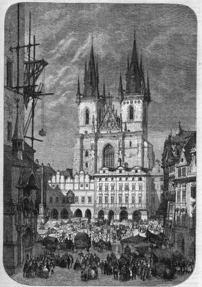 Gotische architectuur: buitenaanzicht van de Onze-Lieve-Vrouwekerk van Tyn (Teynkirche) in Praag. De bouw duurde van de helft van de 14e eeuw tot de 16e eeuw. Gravure door Therond in 