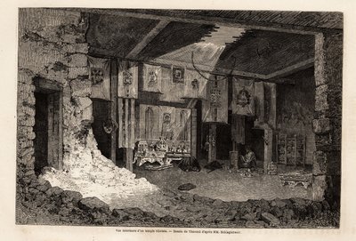 Interne weergave van een Tibetaans tempel, tekening door Therond, ter illustratie van het overzicht van het geografische jaar 1862, door Vivien de Saint Martin. Gravure in 