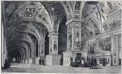 Interieur van de Vaticaanse bibliotheek in de 18e eeuw. Gravure door Therond naar een tekening van Francois Pannini door Emile Theodore Therond