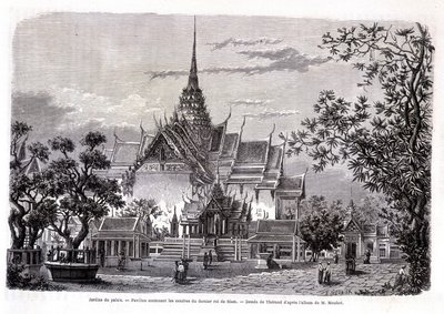 Paleistuin. Paviljoen met de as van de laatste koning van Siam. Tekening door Thérond uit het album van M. Mouhot. 