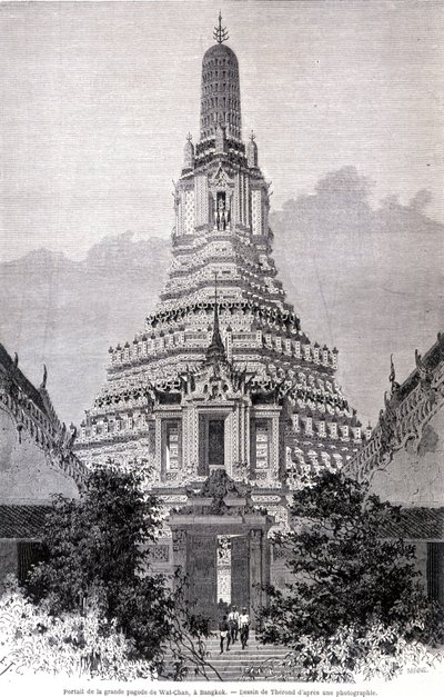 Portaal van de Grote Wat-Chan Pagode, Bangkok. Tekening door Thérond door Emile Theodore Therond