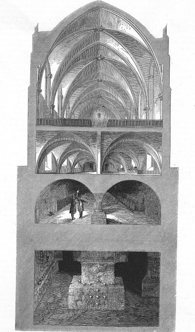 Doorsnede van de keuken, kelders en catacomben van de Napoleon middelbare school in Parijs (gravure) door Emile Theodore Therond