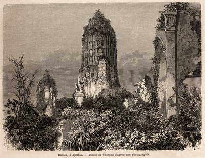 De ruïnes overgenomen door de vegetatie van de jungle, in Ajuthia (Thailand), tekening door Therond, ter illustratie van de reis door de koninkrijken Siam, Cambodja en Laos, van 1858 tot 1861, door Henri Mouhot. Gravure in 