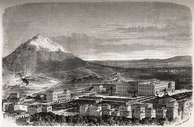 Uitzicht op Athene, Griekenland, tekening door Therond, ter illustratie van het verhaal van M.A. Proust, een winter in Athene door Emile Theodore Therond