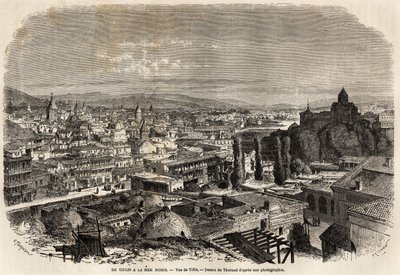 Zicht op Tiflis (of Tbilisi), tekening door Therond, ter illustratie van de reis van de heer Moynet naar de Zwarte Zee en de Kaspische Zee in 1858. Gravure in 