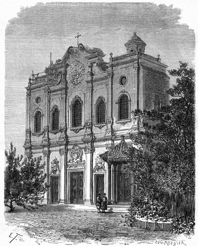 Uitzicht op de gevel van de kathedraal van Nantang, gebouwd op de plaats van het huis van Matteo Ricci (1552-1610), vader van het katholicisme in China. Gravure naar een tekening van Therond, in 