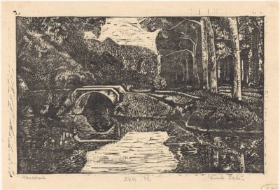 Brug over een gracht in een bos door Emilius Wilhelmus Dehé (signed by artist)