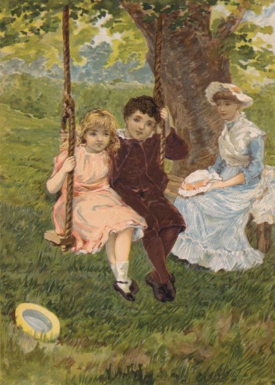Jongen en meisje zittend op een schommel (chromolitho) door Emily Jane Harding Andrews