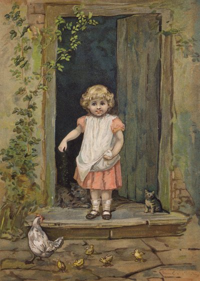 Klein meisje voedt de kippen vanaf de drempel van haar huis door Emily Jane Harding Andrews