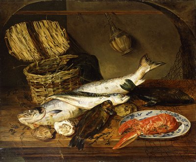 Een Zalm, een Makreel, een Kreeft op een Bord, een Rieten Mand, Oesters, een Chianti Fles en een Vissersnet op een Houten Tafel, 1854 door Emily Stannard