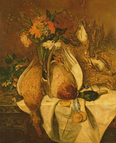 Stilleven met wilde eend, snippen en gouden medailles, ca. 1850 door Emily Stannard
