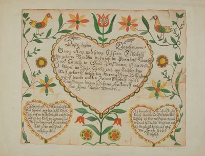 Fraktur - Geboorte- en doopcertificaat door Emma M. Krumrine