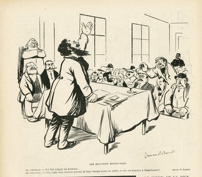 Illustratie van Emmanuel Barcet in Le Rire, 09/05/08 - Gemeenteraadsverkiezingen - Verkiezingen, Politieke bijeenkomst, bijeenkomst, verkiezingsbijeenkomst, gemeenteraadsverkiezingen door Emmanuel Barcet