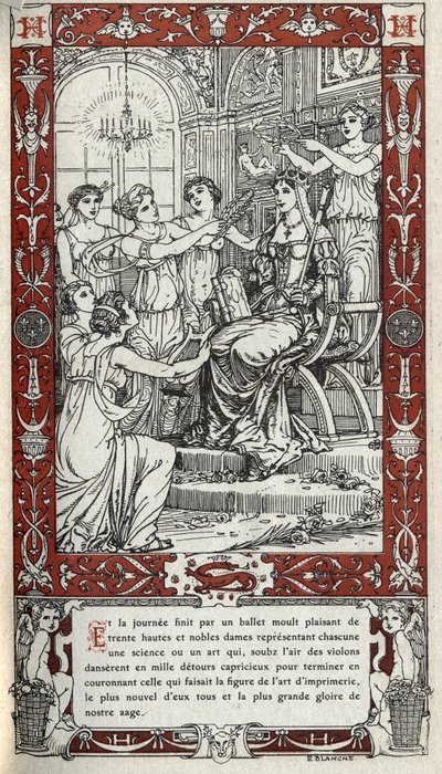Ballet in het kasteel van Fontainebleau waarbij de dames van het hof van koning Hendrik II elk een wetenschap of kunst vertegenwoordigen. Gravure van 1914 door Emmanuel Blanche. Privécollectie door Emmanuel Blanche