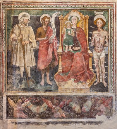Madonna del Rosario en Heiligen, rechter muur van het schip (fresco) door Enea Salmeggia
