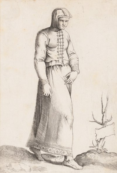 Kostuumplaat: Vrouw met kapmantel, ca. 1557-58 door Enea Vico