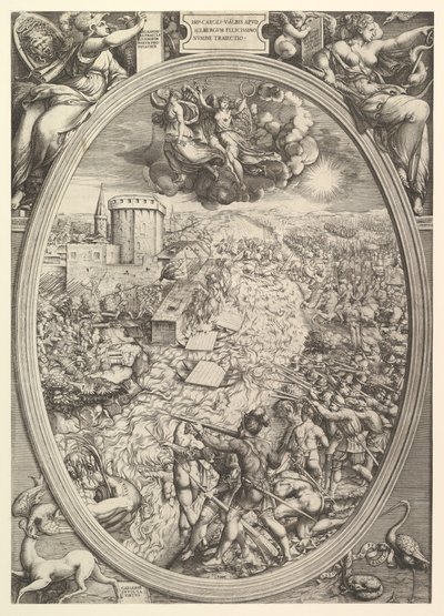De Slag bij Mühlberg met het leger van Karel V dat de Elbe oversteekt, 1551 door Enea Vico