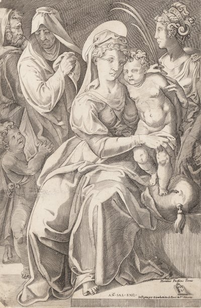 De Heilige Familie met St. Anna en St. Catharina door Enea Vico