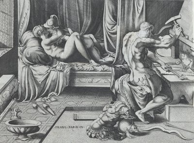 Venus en Mars omhelzen terwijl Vulcan werkt aan zijn smidse door Enea Vico
