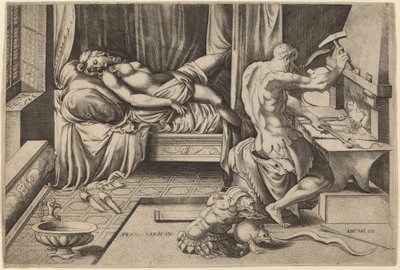 Venus liggend met Vulcanus bij zijn smidse door Enea Vico after Parmigianino