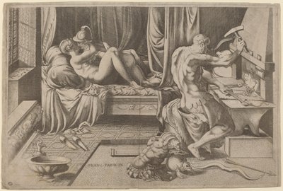 Venus en Mars Omhelzen met Vulcanus bij zijn Smidse door Enea Vico after Parmigianino