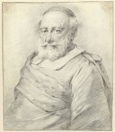 Portret van een man met witte baard en kapje op het hoofd, naar links door Engel Sam