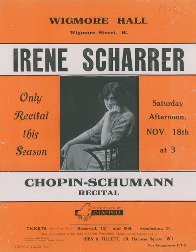 Advertentie voor een Chopin-Schumann recital met Irene Scharrer door English Photographer