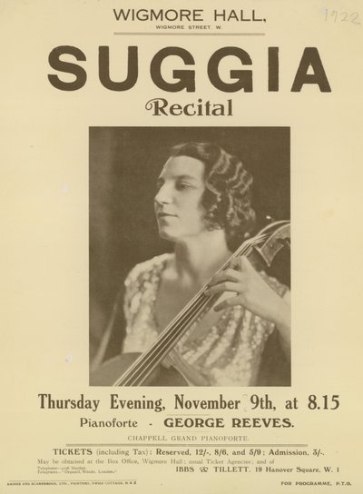 Advertentie voor een Suggia recital in Wigmore Hall door English Photographer