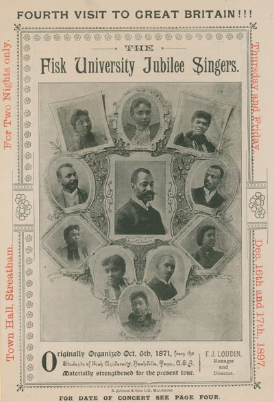 Advertentie voor een optreden van The Fisk University Jubilee Singers door English Photographer