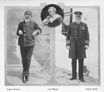 Arthur Henry Rostron, Kapitein van de RMS Carpathia die Titanic-overlevenden redde (links), Lord Mersey die de Titanic-onderzoekscommissie leidde (midden) en Edward John Smith, Kapitein van de Titanic (links) door English Photographer