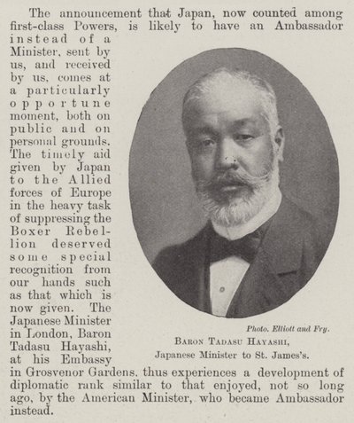 Baron Tadasu Hayashi, Japanse minister in St. James door English Photographer
