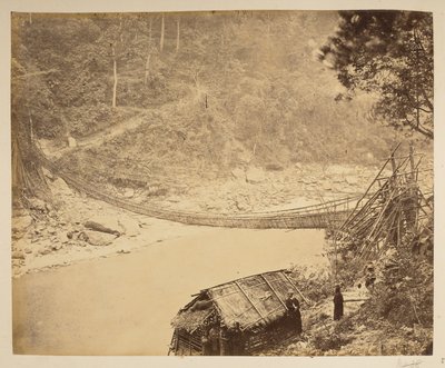 Hangbrug van riet over de Teesta, richting Bhootan. 