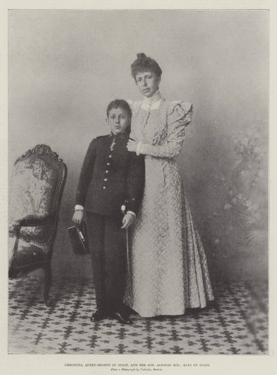 Christina, koningin-regentes van Spanje, en haar zoon, Alfonso XIII, koning van Spanje door English Photographer