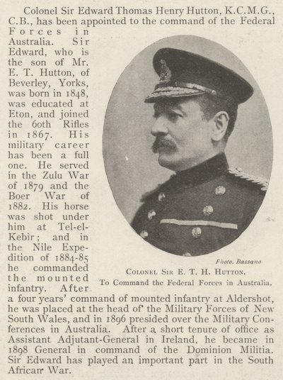 Kolonel Sir E T H Hutton, om het bevel over de federale troepen in Australië te voeren door English Photographer