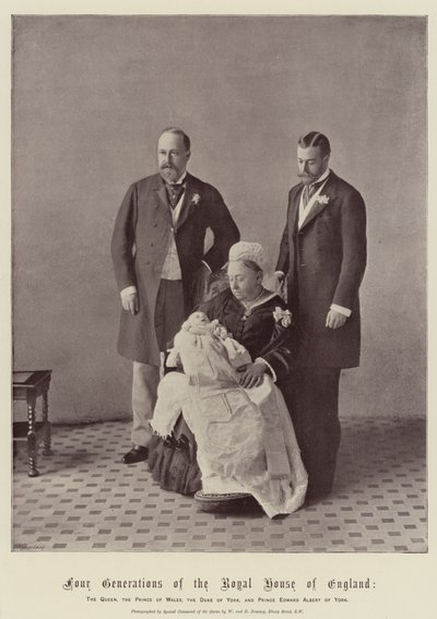Vier generaties van het koninklijk huis van Engeland, de koningin, de prins van Wales, de hertog van York en prins Edward Albert van York door English Photographer