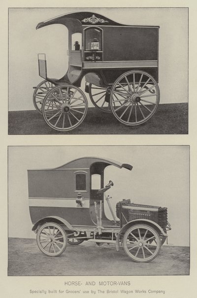 Paard en motorwagens (zwart-wit foto) door English Photographer