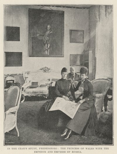 In de studeerkamer van de tsaar, Fredensborg, de prinses van Wales met de keizer en keizerin van Rusland door English Photographer