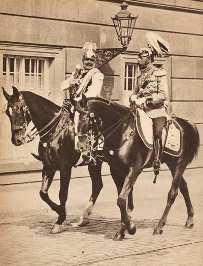 Koning George V en keizer Wilhelm II verlaten Potsdam om een troepenparade bij te wonen, illustratie uit 