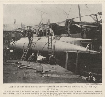 Te Water Laten van de Eerste Amerikaanse Regerings Onderzeeër Torpedoboot, Adder, op 22 juli door English Photographer
